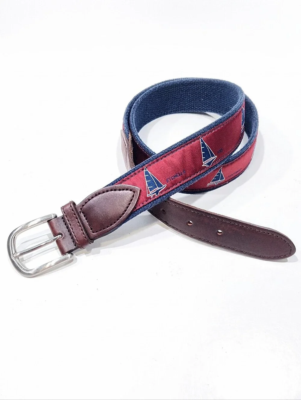The Belted Cow Sailboats Ribbon Club Belt Leather Tabs Mens Size 36 Navy Maroon